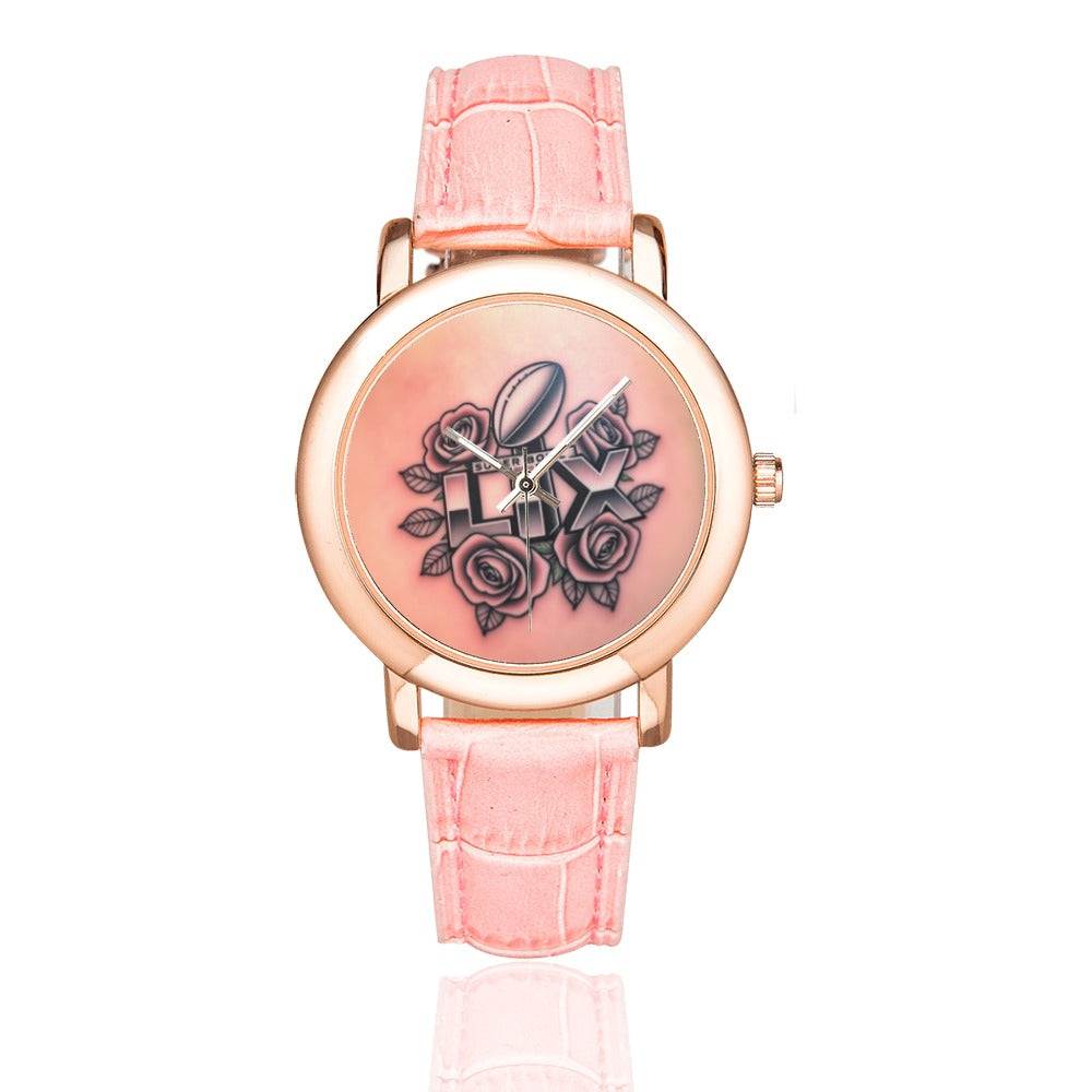 R&RH Pink Roses Women's Rose Gold Watch with Leather Strap Model 201