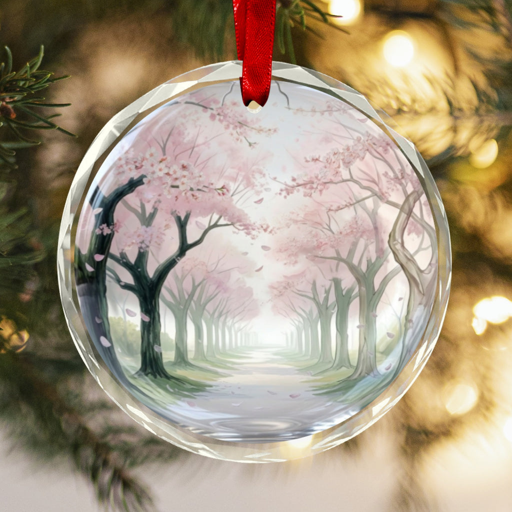 A Rich and Rich Cherry Blossom Trees Round Crystal Glass Ornament