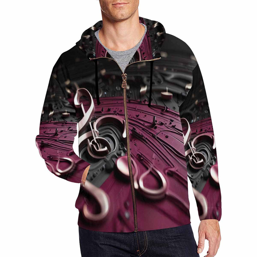 Men's magenta multicolor full zip hoodie with all-over pattern and drawstring hood