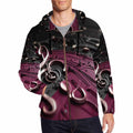Men's magenta multicolor full zip hoodie with all-over pattern and drawstring hood