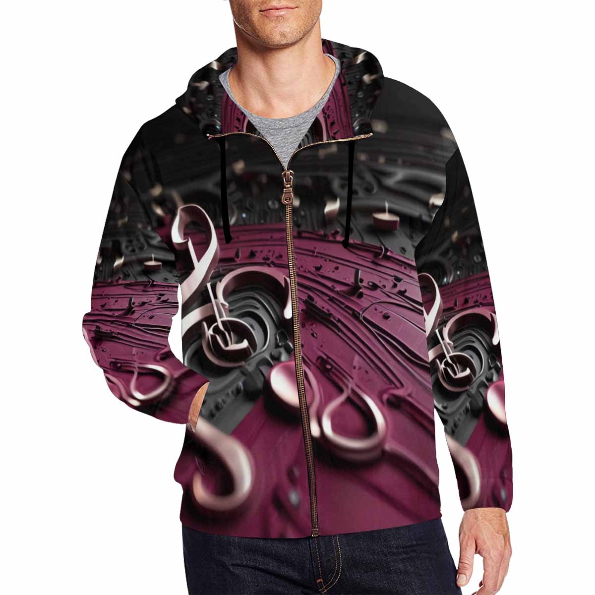 Men's magenta multicolor full zip hoodie with all-over pattern and drawstring hood