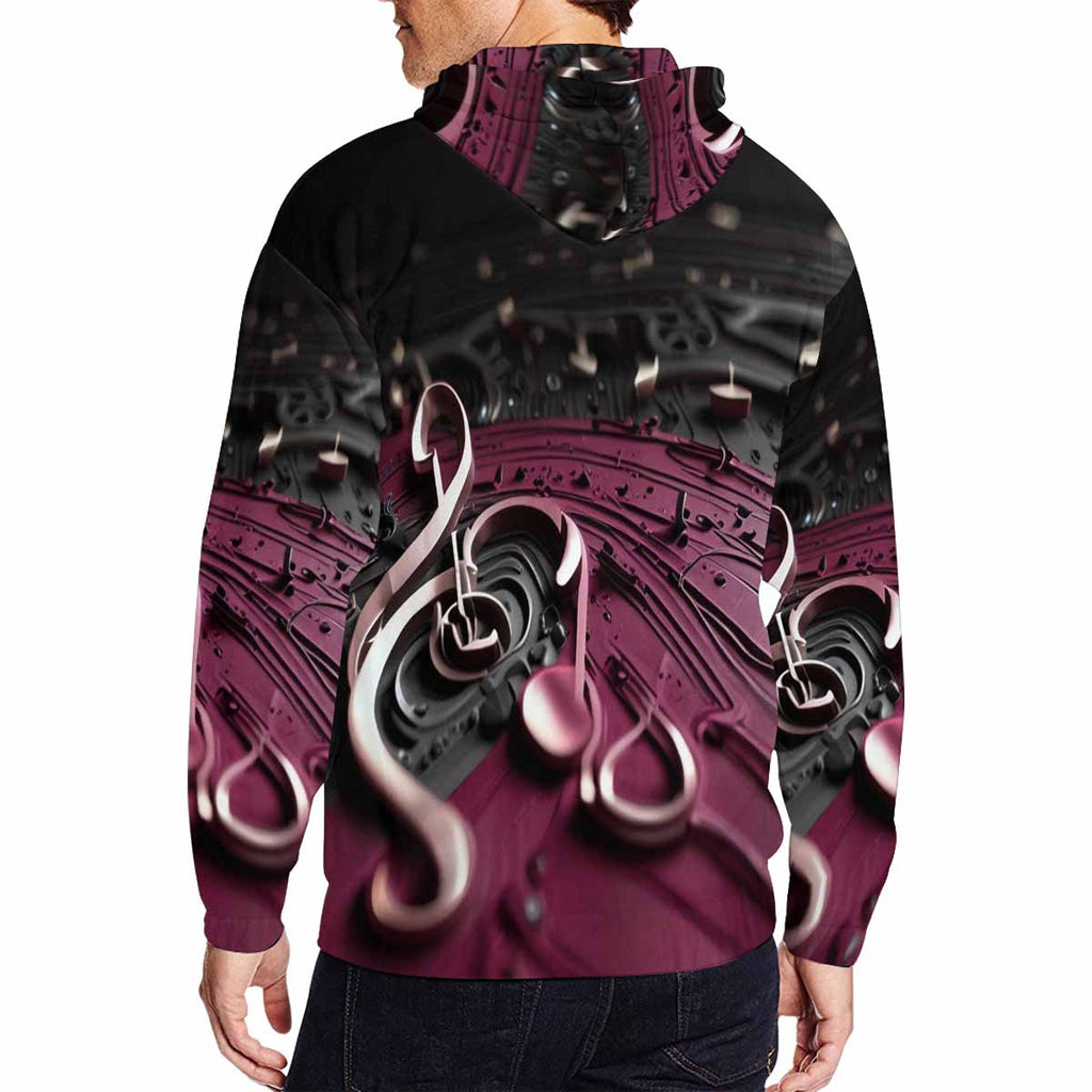 Men's magenta multicolor full zip hoodie with all-over pattern and drawstring hood