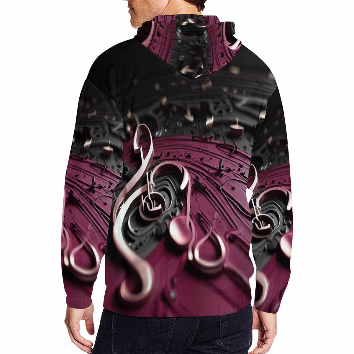 Men's magenta multicolor full zip hoodie with all-over pattern and drawstring hood