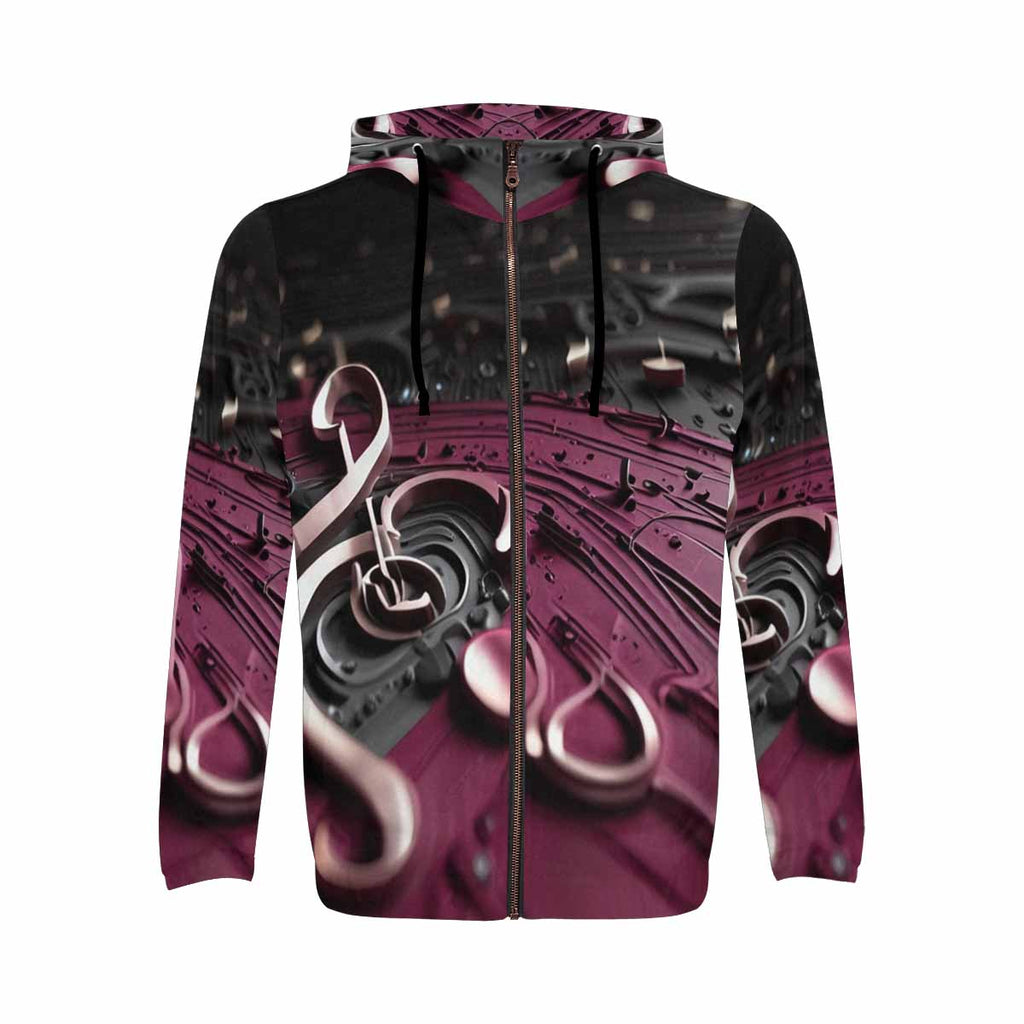 Men's magenta multicolor full zip hoodie with all-over pattern and drawstring hood