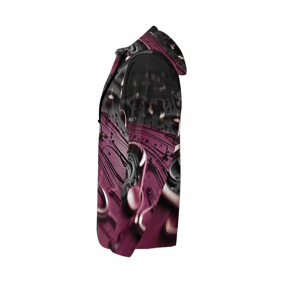 Men's magenta multicolor full zip hoodie with all-over pattern and drawstring hood