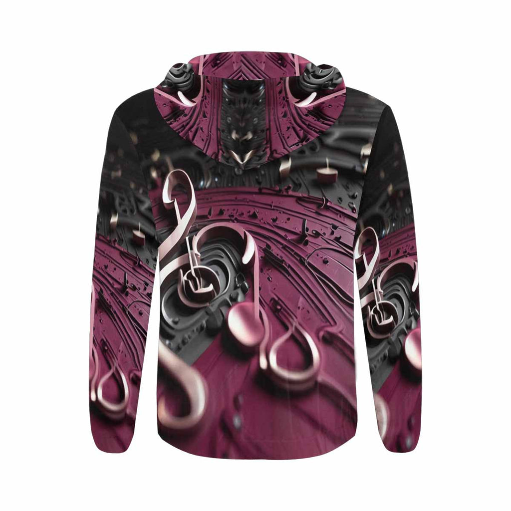 Men's magenta multicolor full zip hoodie with all-over pattern and drawstring hood