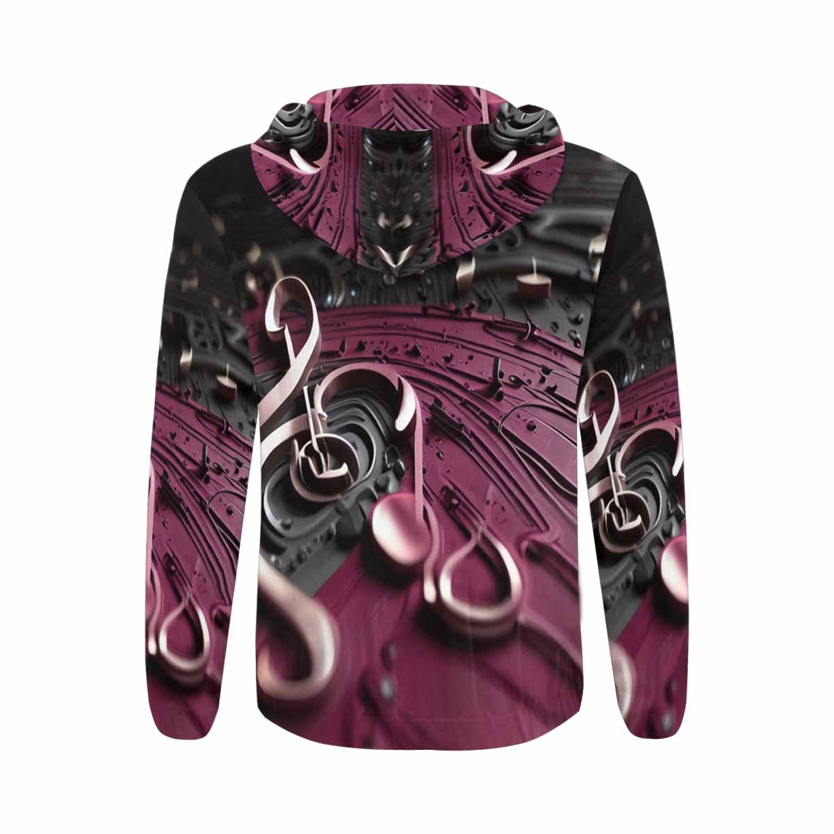 Men's magenta multicolor full zip hoodie with all-over pattern and drawstring hood
