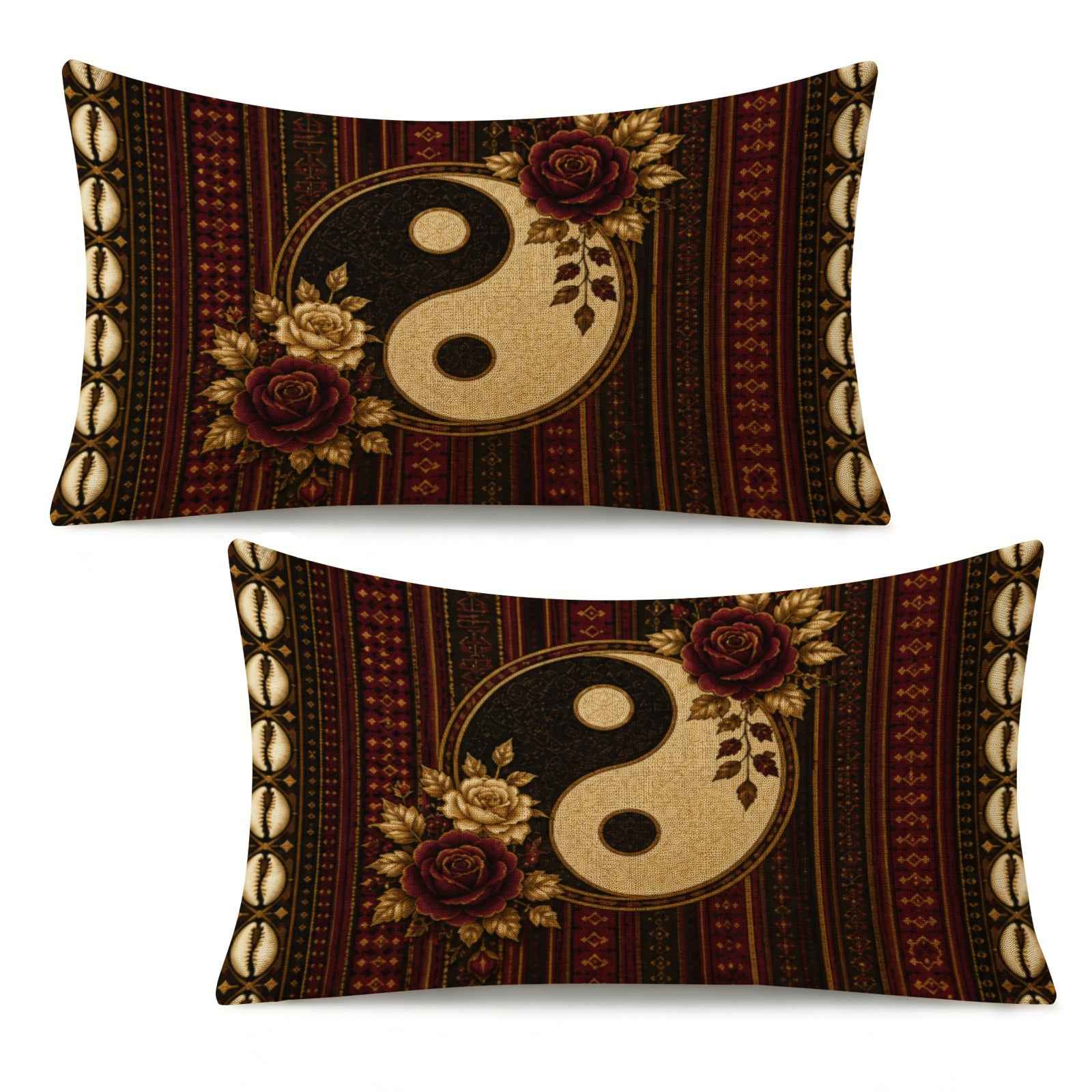 Rich and Rich Harmony Heritage Faux Linen Pillow Cases 20x12 Inch, 2-Pack | Burgundy, Ivory, Brown, and Gold Lumbar Pillow Covers - Rich and Rich Homeopportunities