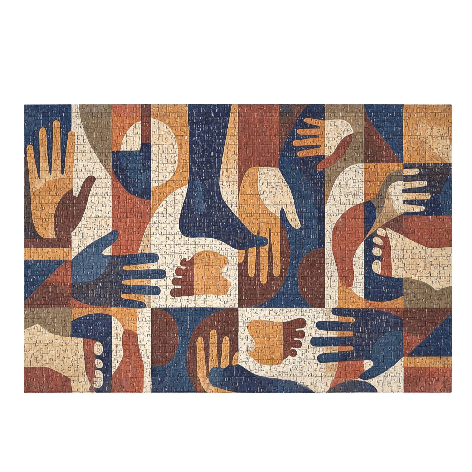 Abstract mosaic-style 1000-piece wooden puzzle featuring repeated colorful hand forms — alternate view