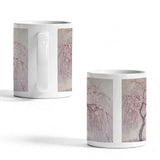 White 11 oz ceramic mug decorated with cherry blossom tree artwork and a crystal sticker decorative finish — product detail