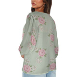 Pink and mint green floral chiffon blouse with V-neck and long puff sleeves — side view