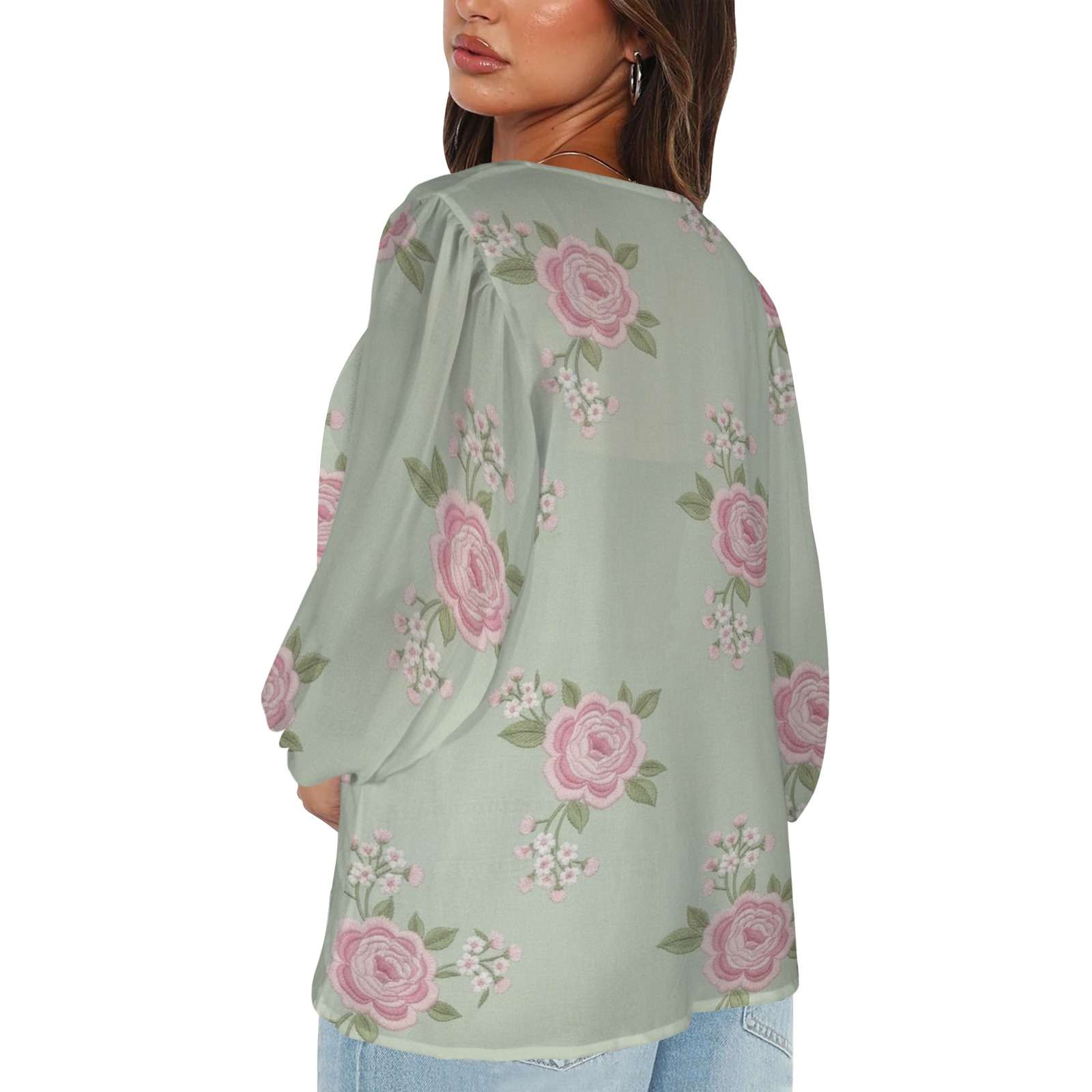 Pink and mint green floral chiffon blouse with V-neck and long puff sleeves — side view