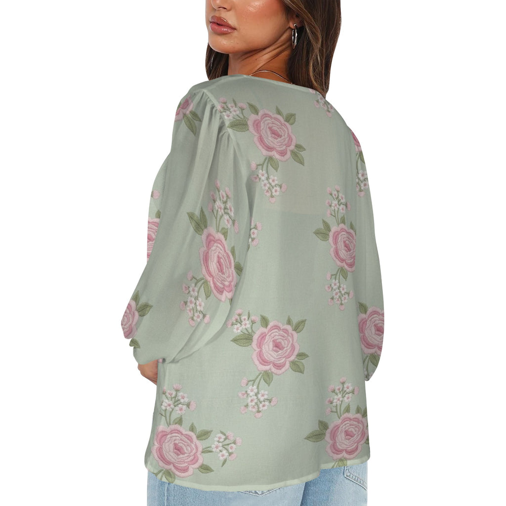 Rich and Rich Pink and Mint Green Floral Puff Sleeve Women's Blouse on white background