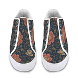 Blue floral low-top women's canvas sneaker with mesh and EVA insole and rubber outsole — rear view