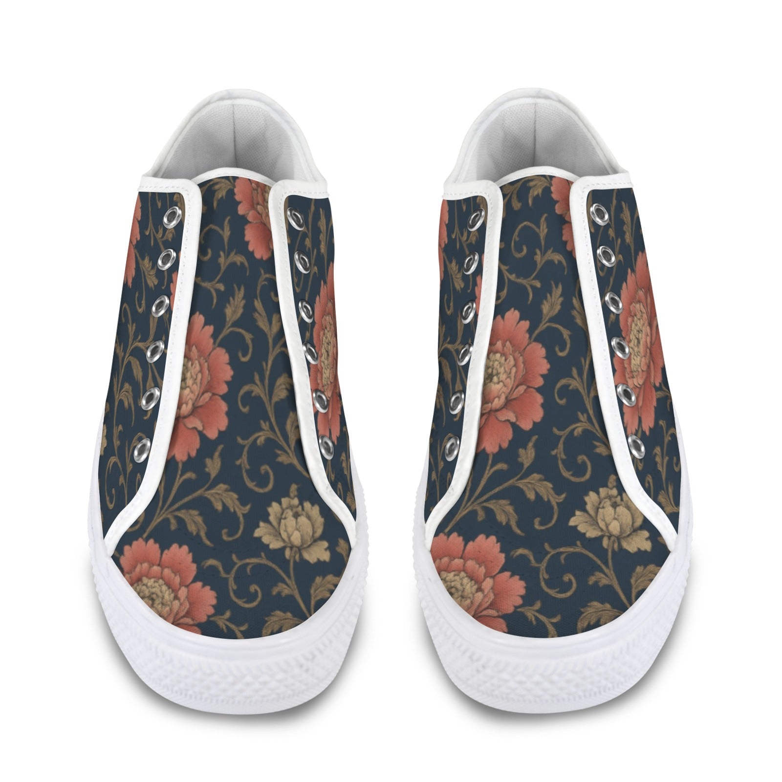 Blue floral low-top women's canvas sneaker with mesh and EVA insole and rubber outsole — rear view