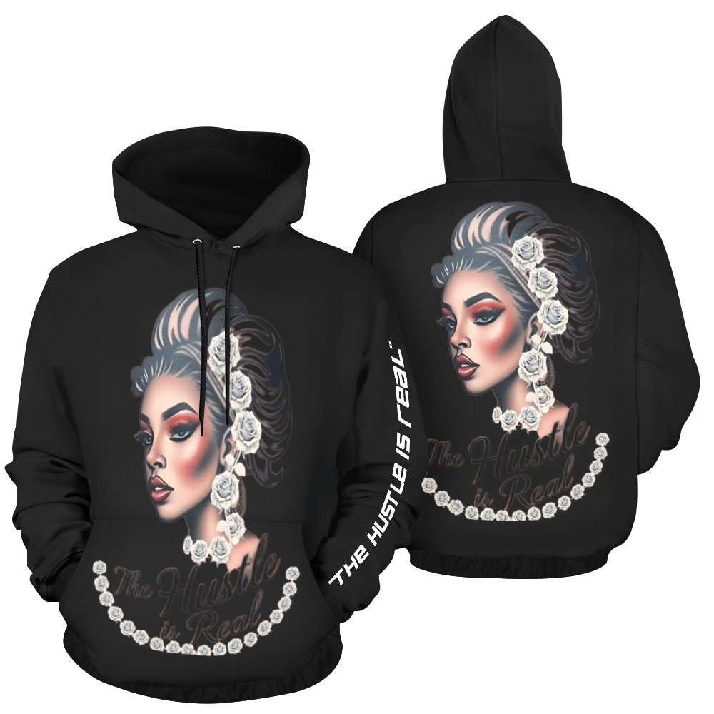 White roses all-over print women's hoodie with kangaroo pocket and pronounced cuffs
