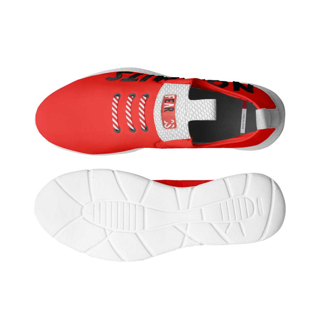 Women's red low-top sneakers with bold sporty design — rear view