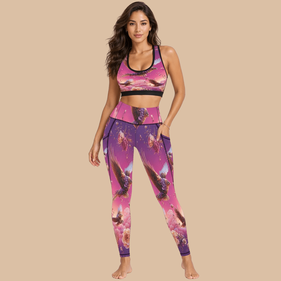 Pink nature-inspired women’s leggings with two side pockets and all-over botanical print