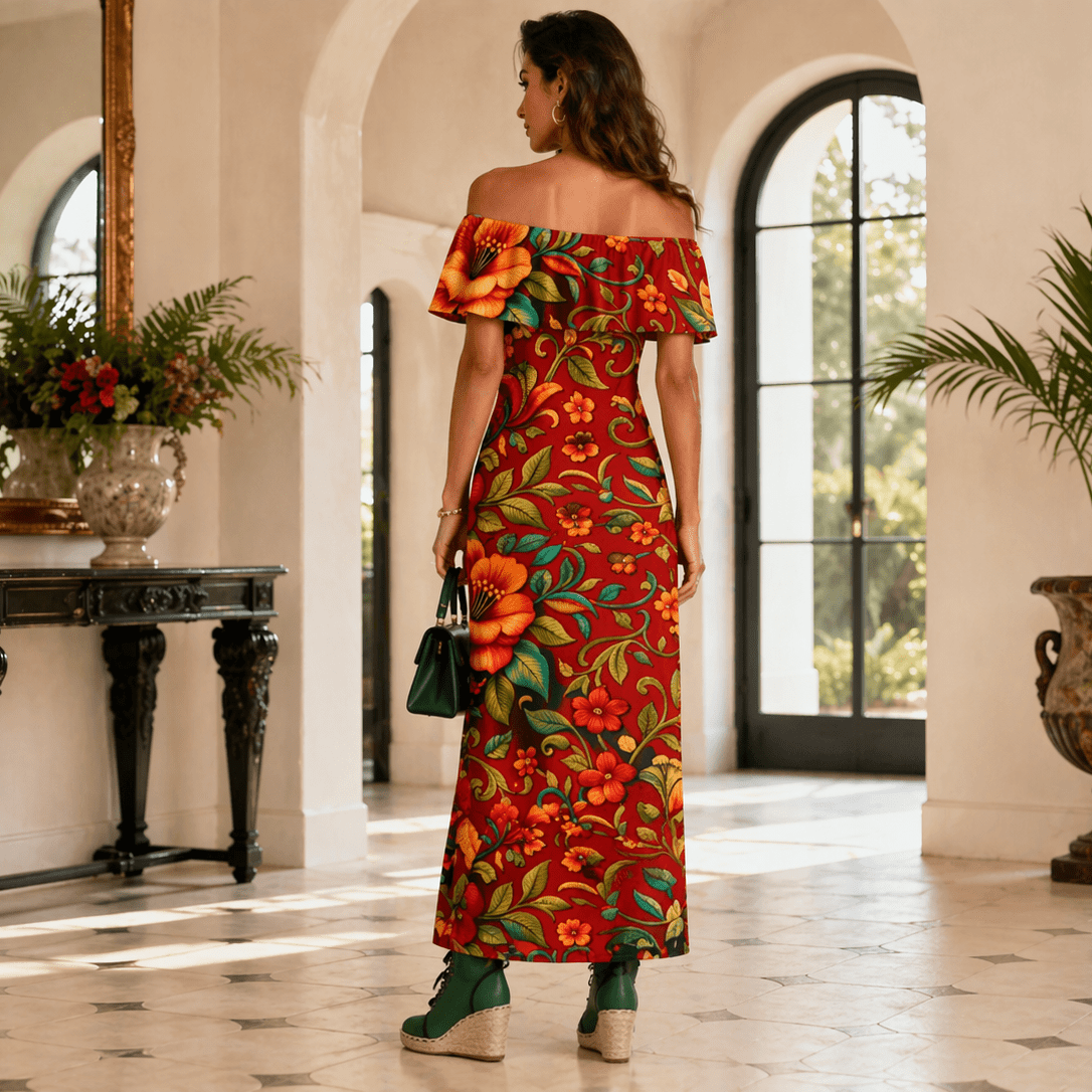 Women’s embroidered multicolor off-shoulder dress with ruffle boat neck and floral detailing — side view