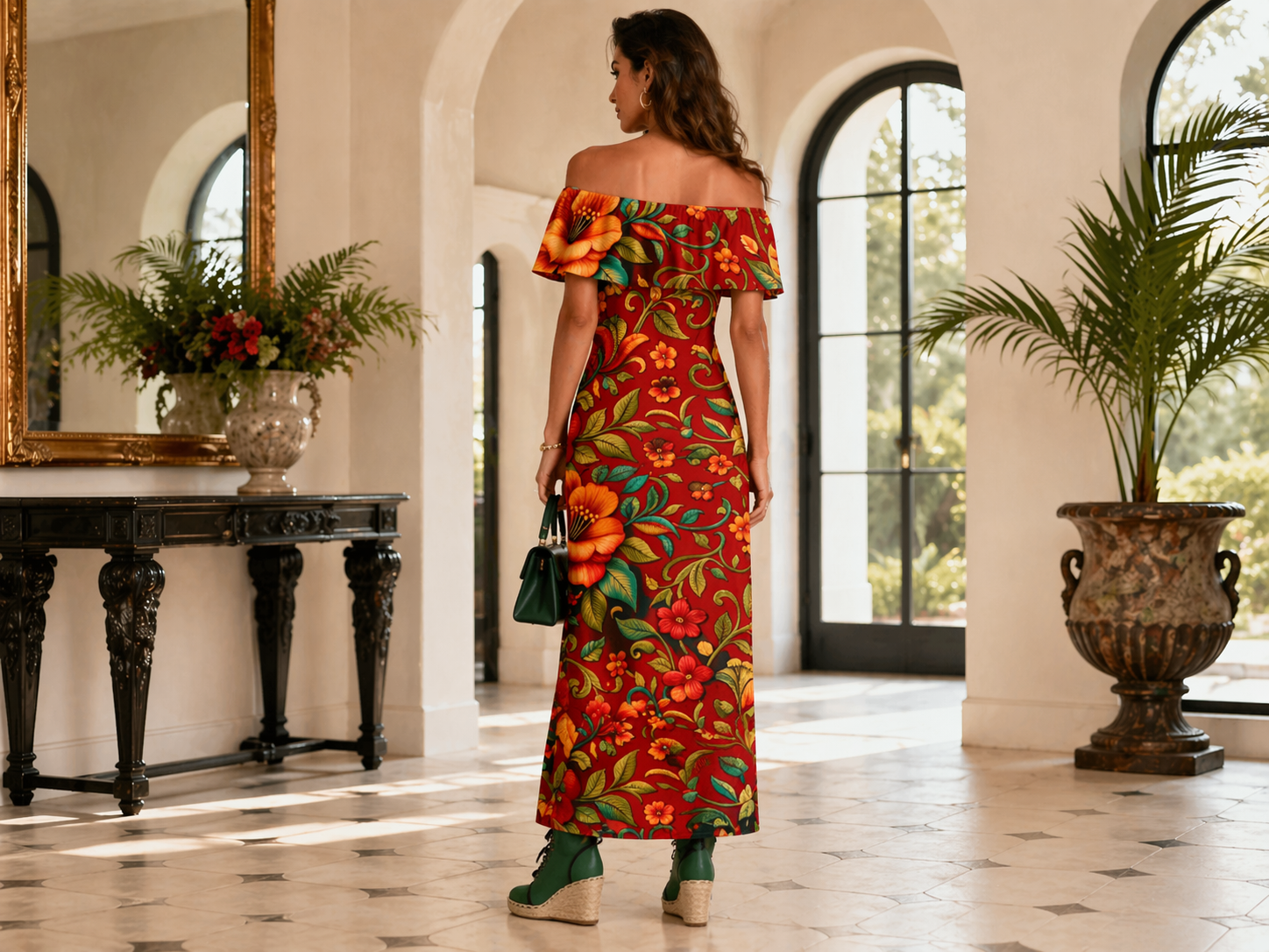Rich and Rich Embroidered Floral Multicolor Women’s Off Shoulder Ruffle Boat Neck Dress