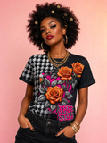 Model wearing FREE STYLE Rose Houndstooth T-Shirt