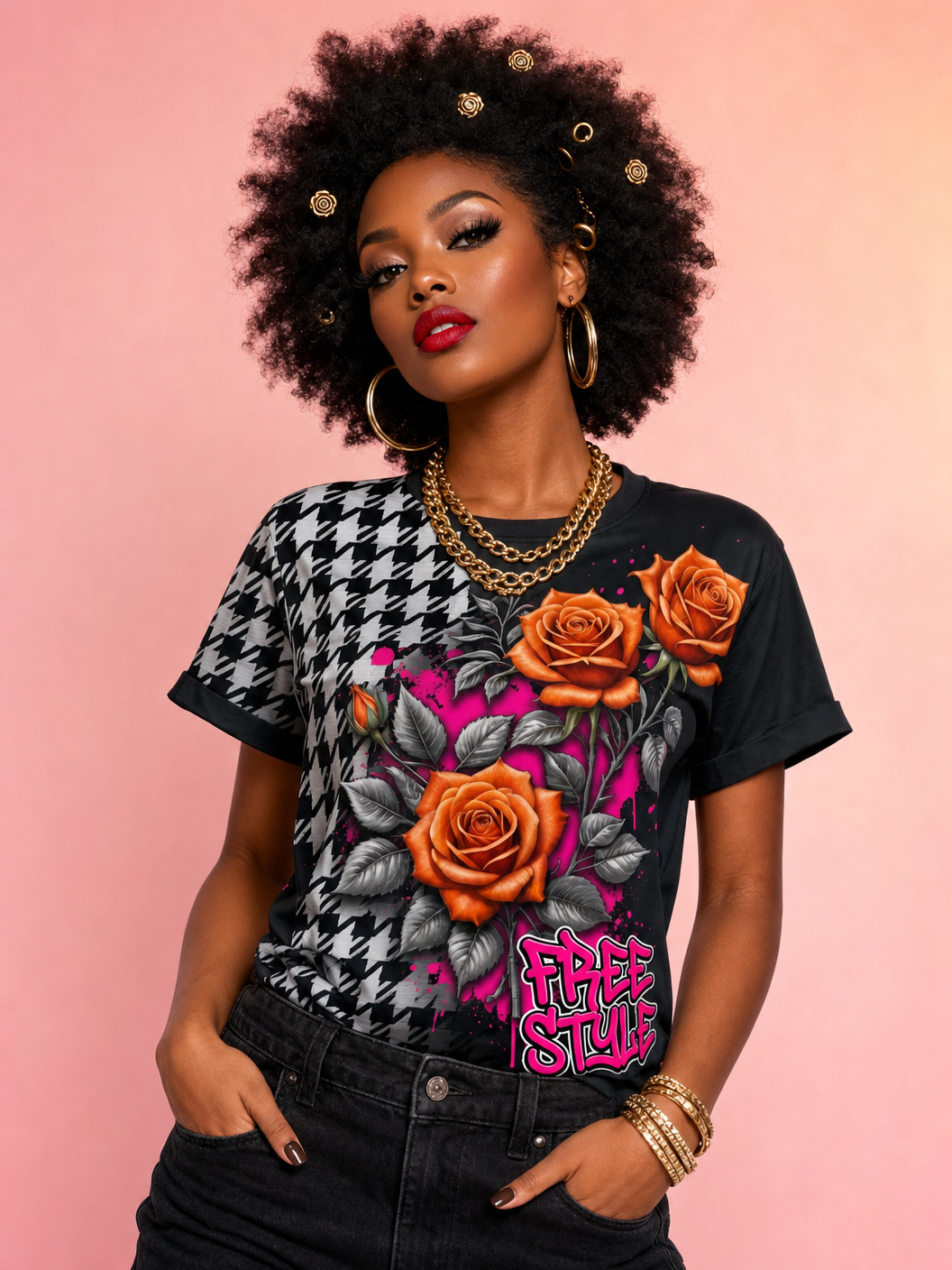 Model wearing FREE STYLE Rose Houndstooth T-Shirt