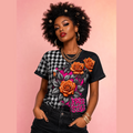 Women's FREE STYLE Rose Houndstooth T-Shirt with split graffiti floral design
