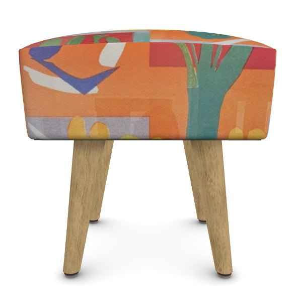 Square footstool in orange abstract ChiChi velour with low-profile square shape — side view
