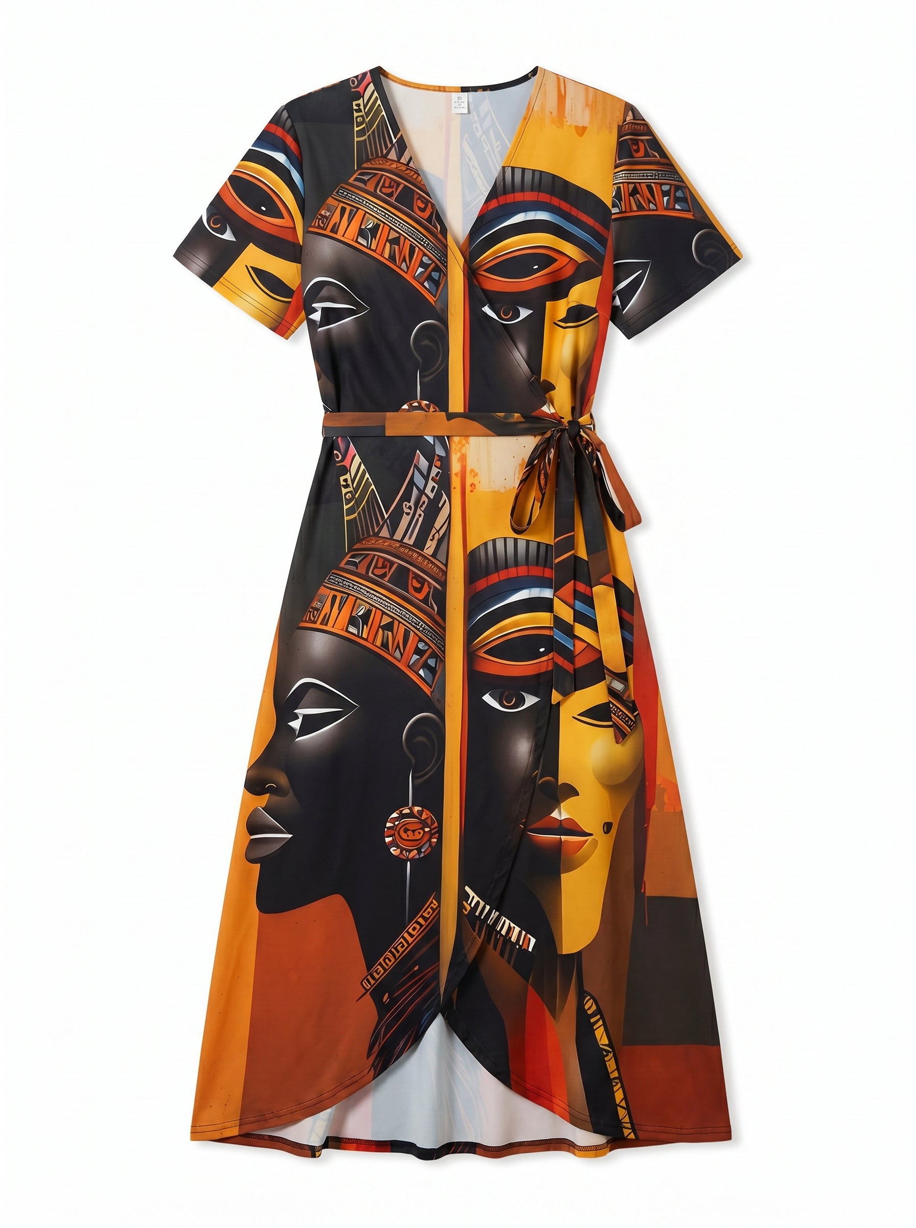 Rich & Rich Afrocentric Egyptian Art All-Over Print Wrap Midi Dress flat mockup