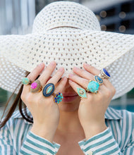 Load image into Gallery viewer, Duality Blue Lapis and Turquoise Golden Statement Ring
