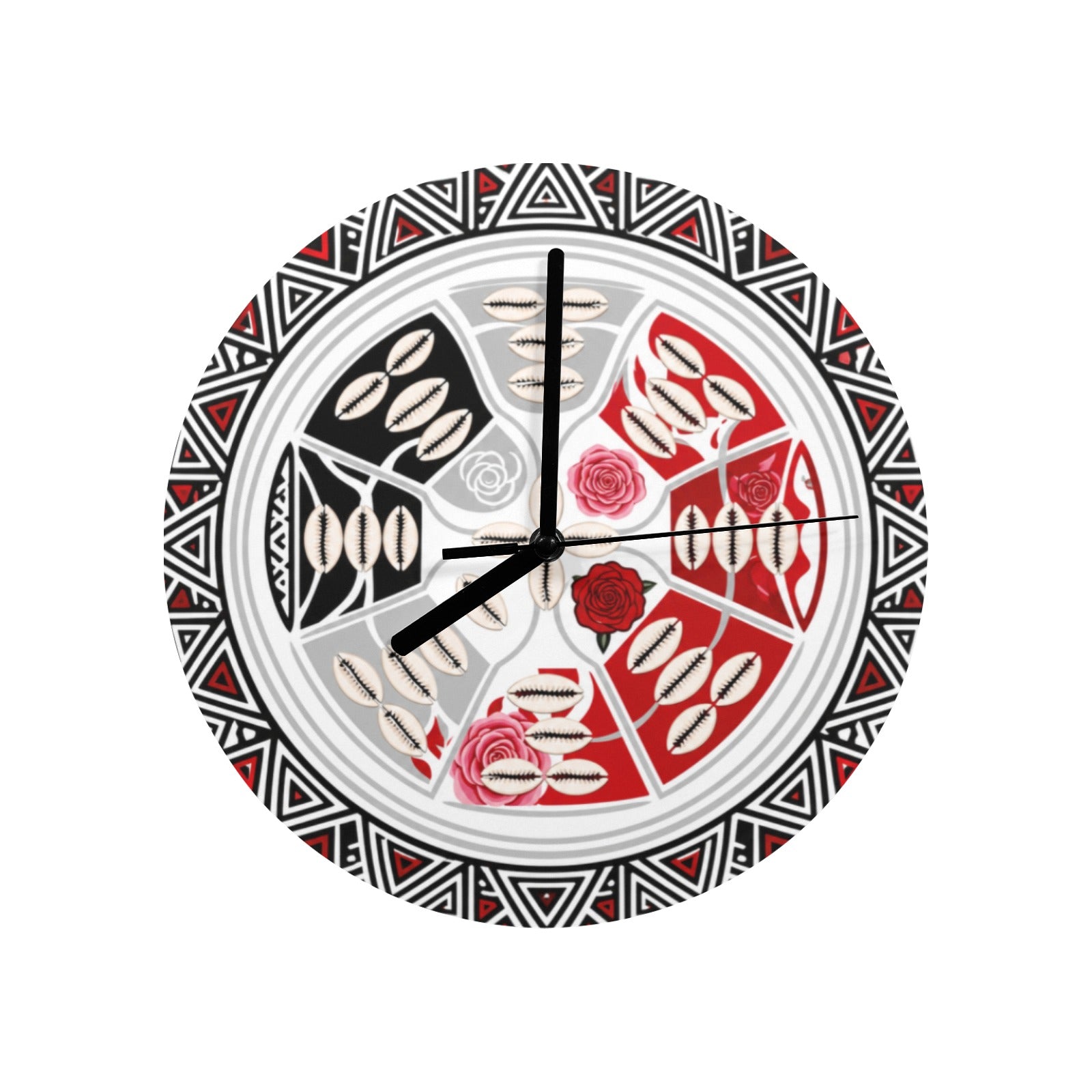 Wooden wall clock with floral yin-yang design, cowrie shell accents, and black hands — alternate view