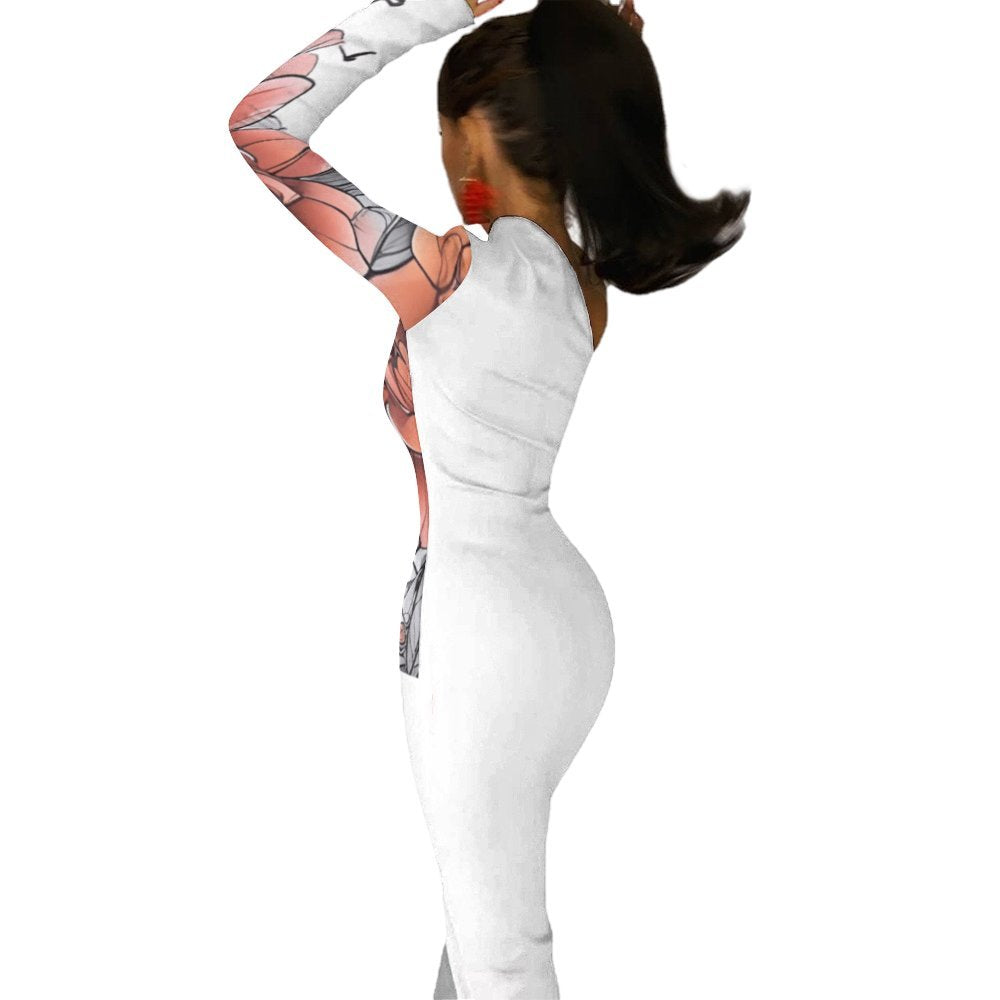 Women wearing one-shoulder split maxi dress with padded shoulders and side slit