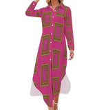 Pink long-sleeve button-up shirtdress with a split hem and relaxed long-shirt silhouette — product detail