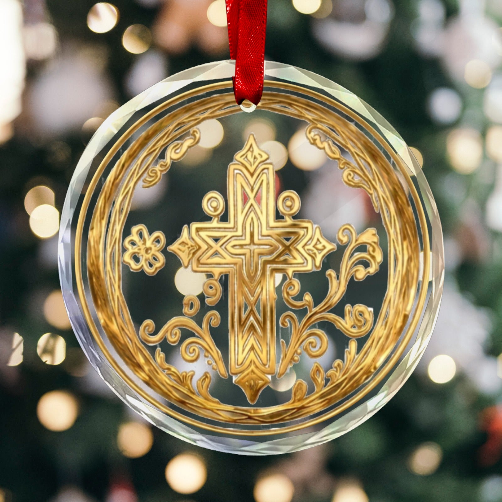 Rich and Rich Ethiopian Cross Round Crystal Glass Ornament