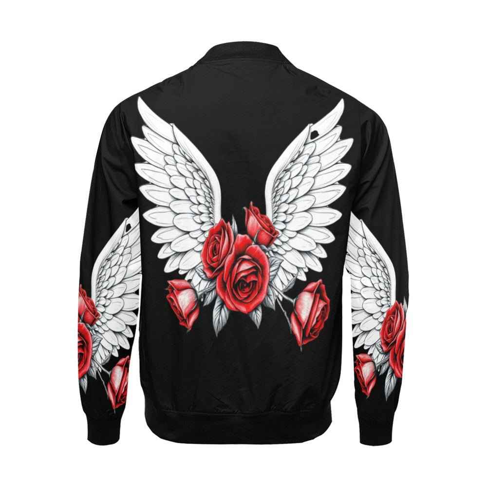 Black bomber jacket with red and white wings and roses all-over print and zip front — alternate view