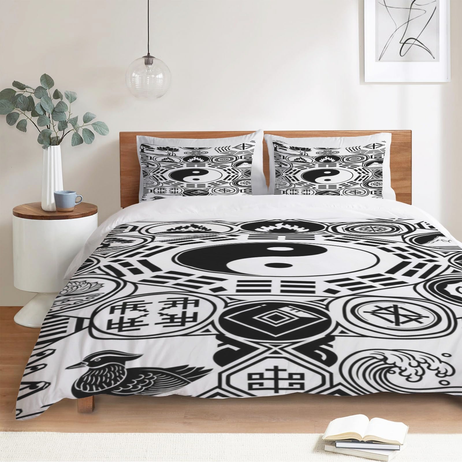 Rich and Rich White and Black Feng Shui 3-Piece Bedding Set on bed