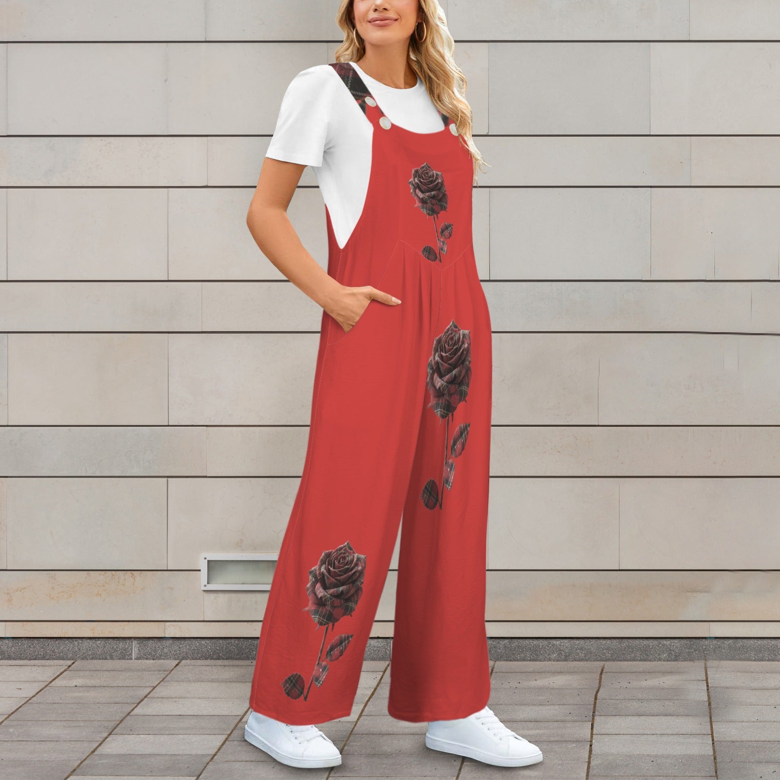 Rich and Rich Red Rose Wide Leg Women's Jumpsuit Sleeveless Straps Pocket Wide Leg Jumpsuit