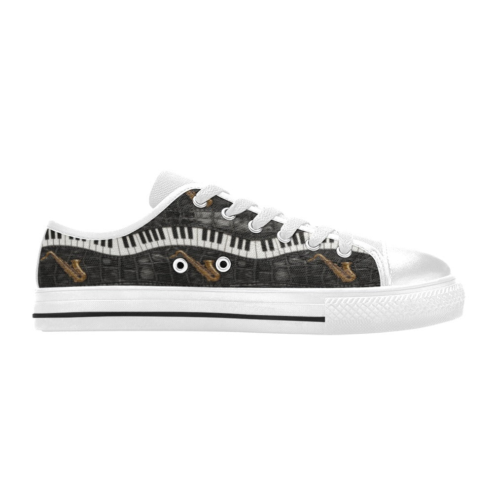 Men’s navy black canvas low-top sneakers with piano and saxophone-inspired artwork and metal eyelets — additional view 10
