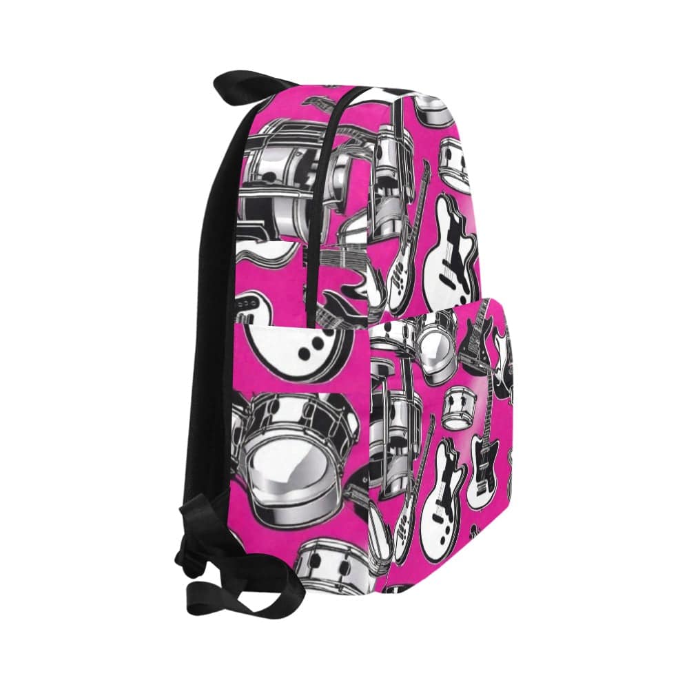 Pink unisex backpack with musical instruments print in 1200D nylon and spacious main compartment — product detail