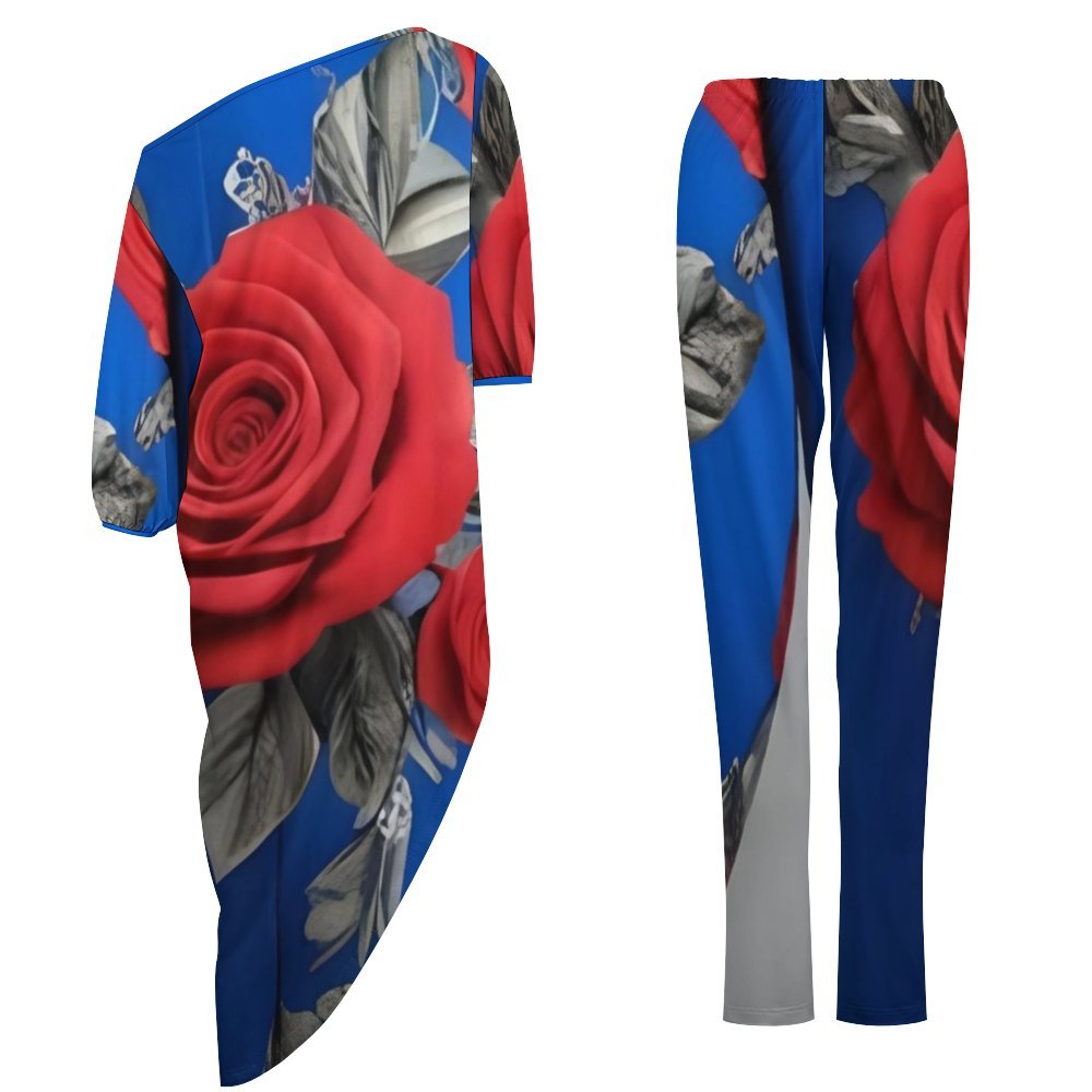 Women's off shoulder two-piece set featuring diagonal shoulder design in soft polyester blend