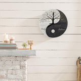 Wooden wall clock with Tree of Life and yin-yang inspired artwork, frameless, 11.6 inches — product detail