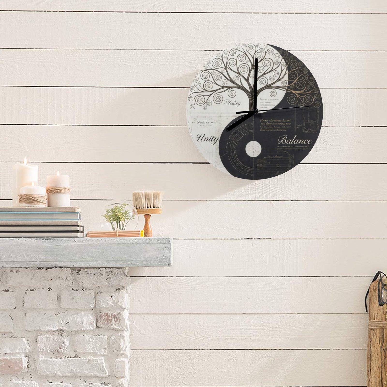 Wooden wall clock with Tree of Life and yin-yang inspired artwork, frameless, 11.6 inches — product detail