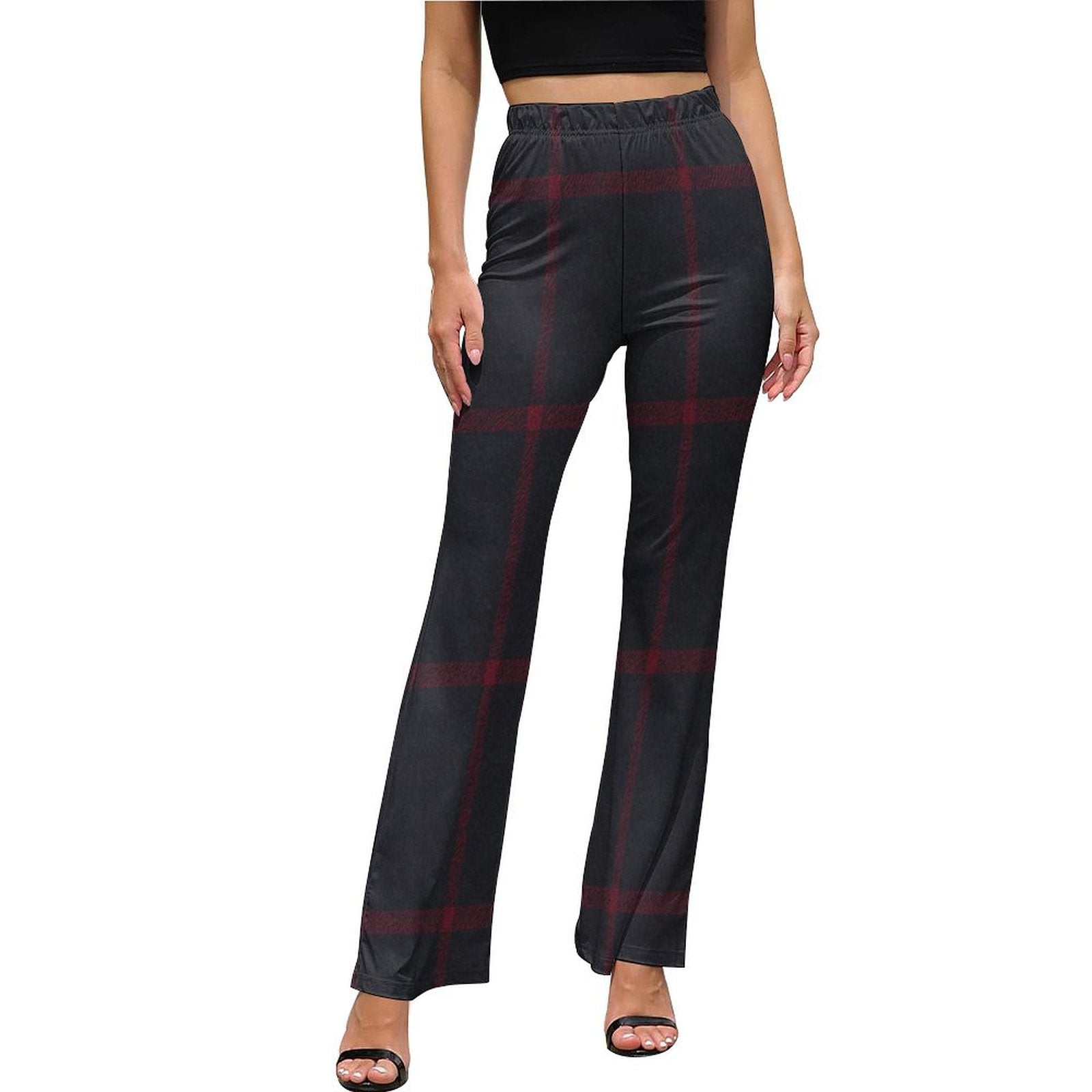 Women's red check bell-bottom flare pants with high waist and elastic band