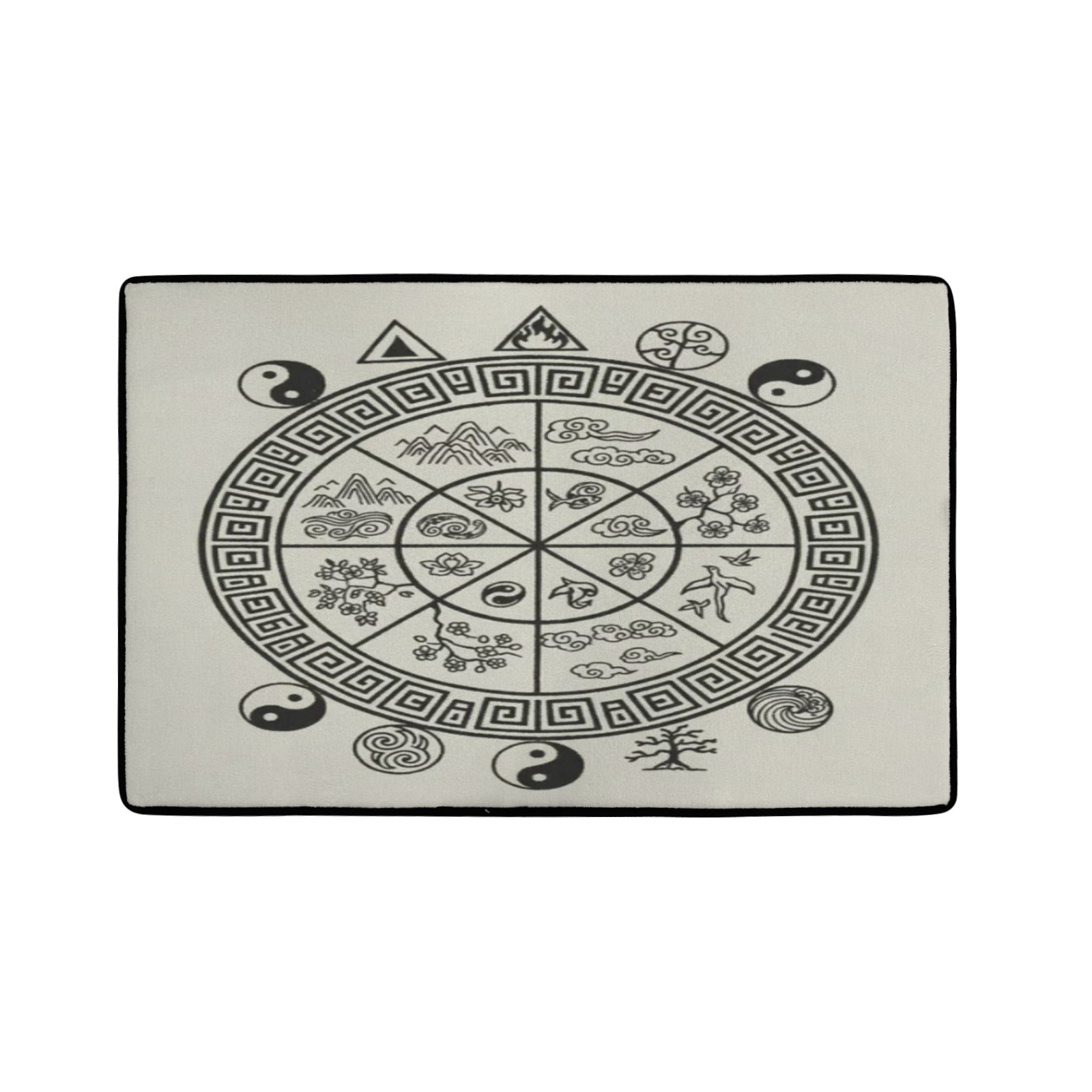 Black and white Feng Shui area rug with black binding, 31x20 inches, flannel top