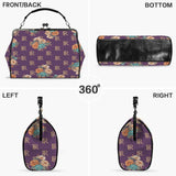 Purple floral kisslock crossbody bag in waxed PU with removable shoulder strap and top handle — additional view 7