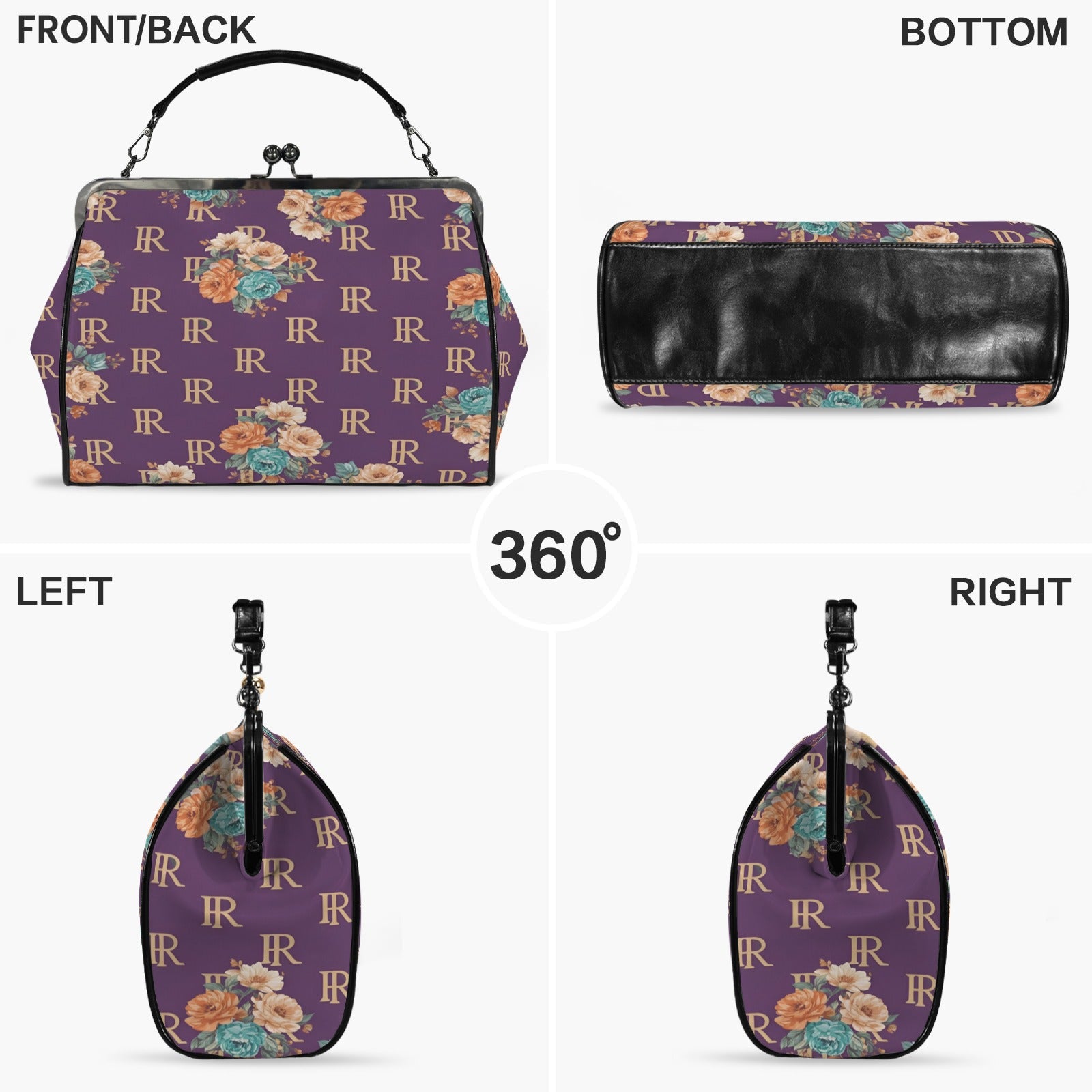 Purple floral kisslock crossbody bag in waxed PU with removable shoulder strap and top handle — additional view 7