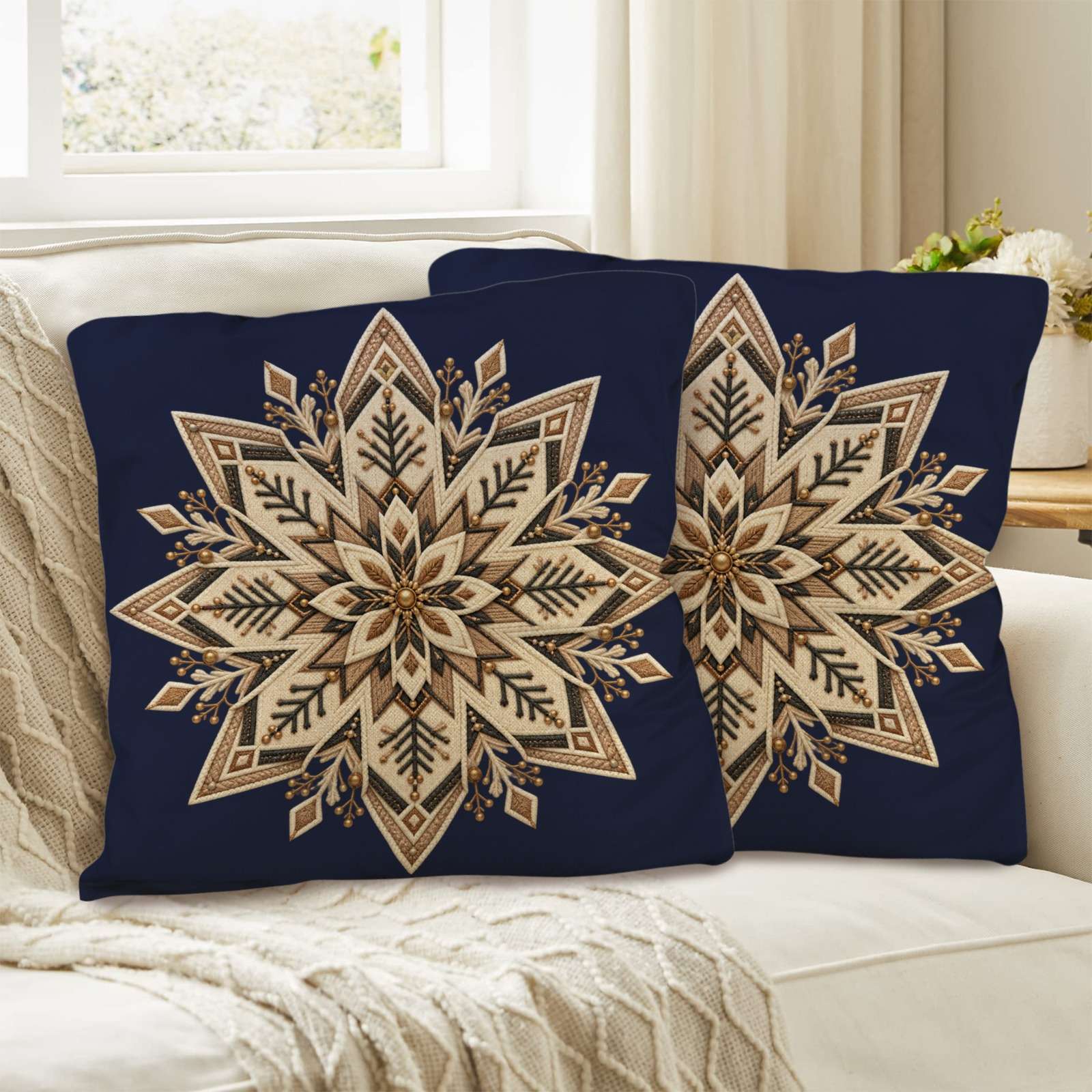 Pair of navy faux linen square pillows with white eight‑point Nordic snowflake motif — alternate view