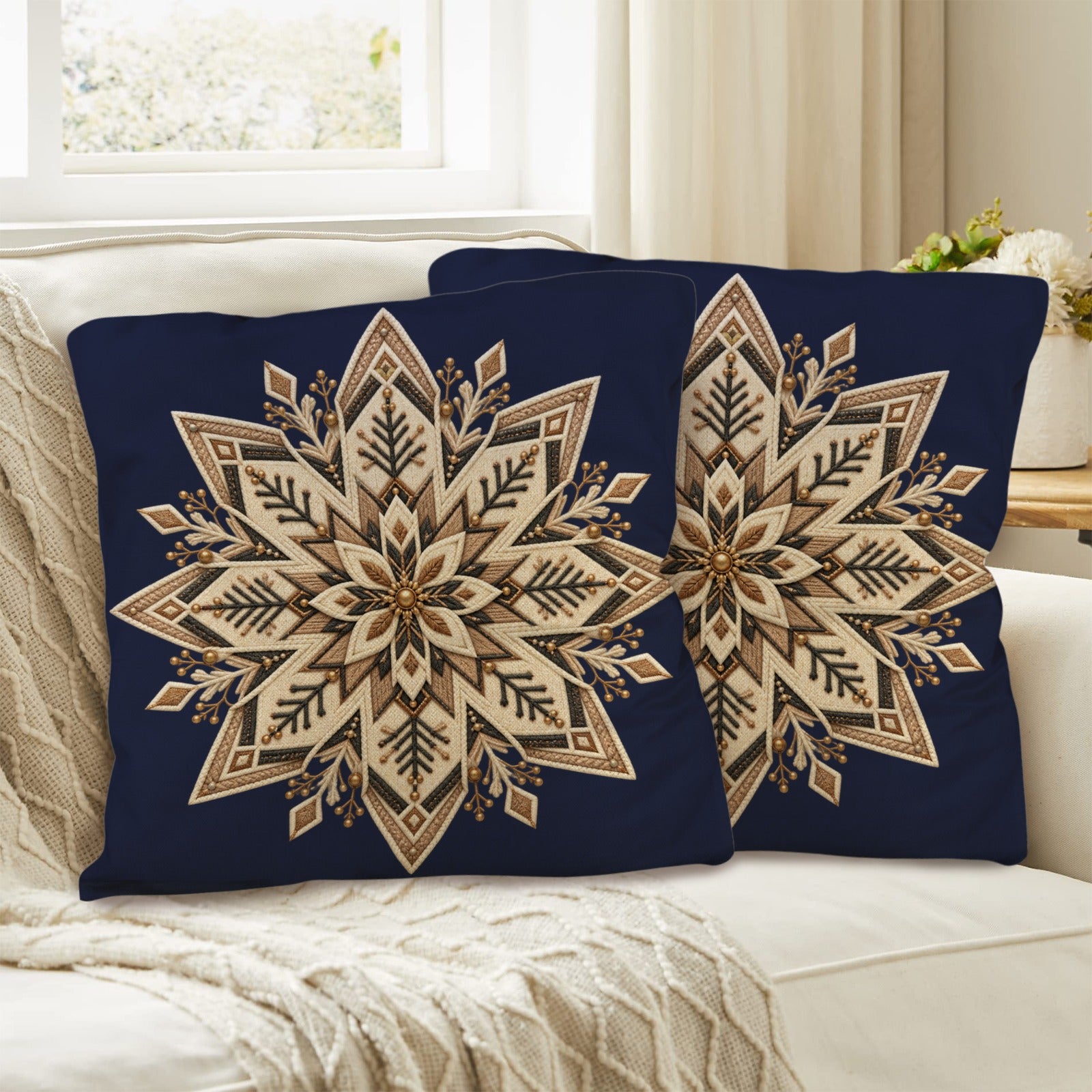 Rich and Rich Navy Blue Nordic Snowflake Linen Pillows with Pillow Core 18 x 18 Set of Two - Rich and Rich Homeopportunities