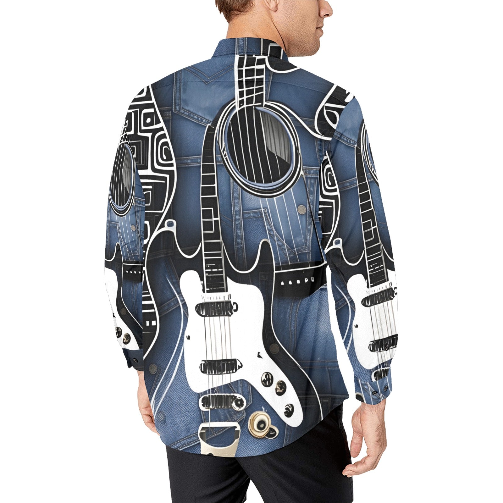 Blue men's button-down dress shirt with chest pocket and guitar print — alternate view