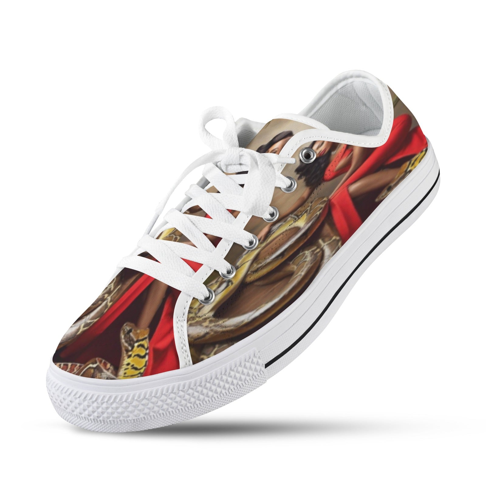 Red low-top women's sneaker with all-over caricature print and flexible rubber sole — rear view
